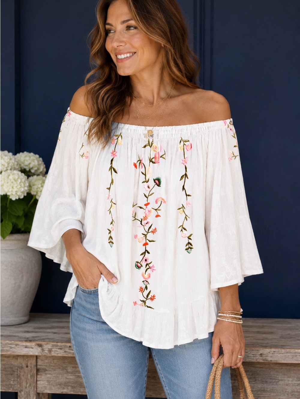Embroidered Off-Shoulder White Boho Peasant Blouse Embroidered Detail